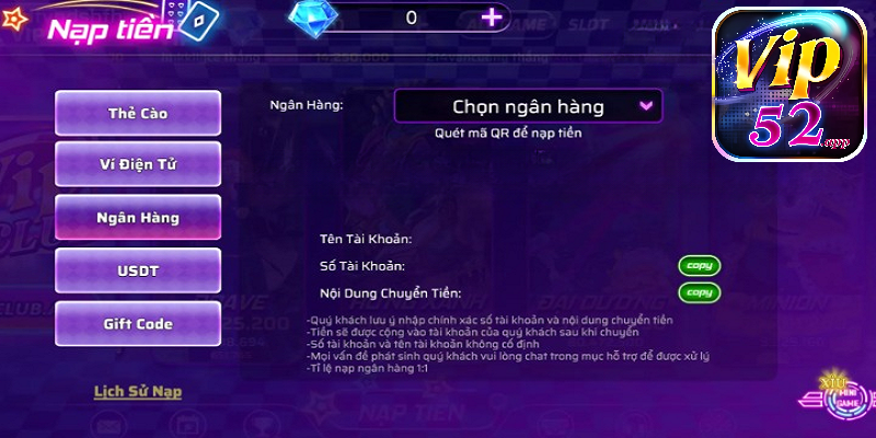 Hướng dẫn từng bước nạp tiền vào tài khoản vip52